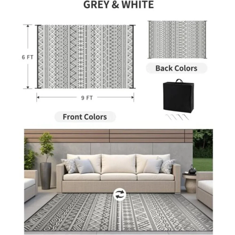New 6x9 Waterproof Outdoor Rug, Reversible Boho Plastic Straw Patio Carpet